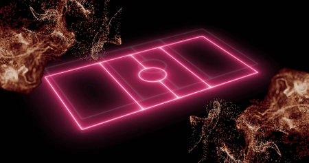 Neon pink sports court image with particle effects on black background. digital, glowing, futuristic, abstract, vibrant, motionの写真素材