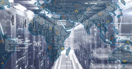 Image of data processing and world map over computer servers. Global finance, business, connections,...