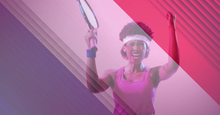 Image of flag of france over african american female tennis player with tennis racket. Sports, competition and active lifestyle concept digitally generated image.の写真素材