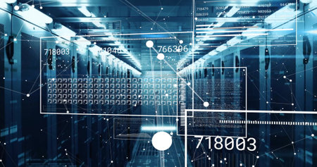 Image of data processing over computer servers. Global finance, business, connections, computing and...