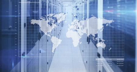 Image of data processing and world map over computer servers. Global finance, business, connections,...