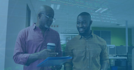 Image of financial data processing over diverse business people in office. Global finance, business,...