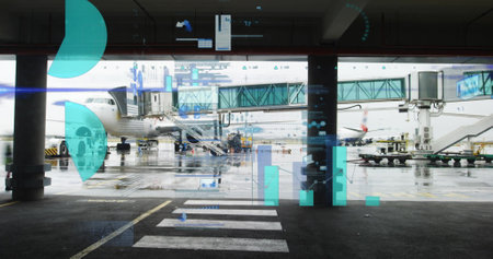 Data analytics and graphs image over airport terminal with airplane and jet bridge. Technology, data visualization, transportation, business, global, analysisの写真素材