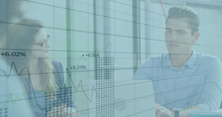 Image of financial data processing over diverse colleagues discussing work in office. Global...