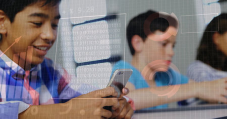 Holding smartphone, students with binary code and data processing image over them. Technology, innovation, coding, digital, education, connectionの写真素材