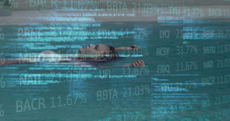 Image of data processing over biracial woman relaxing, floating in swimming pool. Data, digital interface, connection, summer, vacations and relaxation, digitally generated image.の写真素材