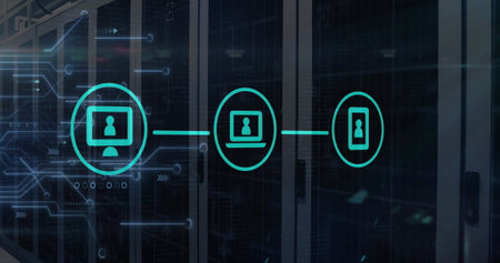 Image of icons with digital data processing over computer servers. Global connections, cloud...