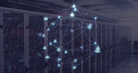 Image of globe of connections with data processing over computer servers. Global connections, cloud...