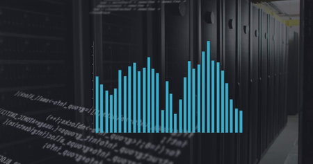 Image of data processing with diagrams over server room. Global technology and digital interface...