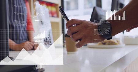 Image of financial data processing over biracial man scanning qr code in coffee shop. Global finance, business, connections, computing and data processing concept digitally generated image.の写真素材