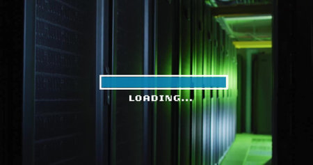 Image of loading text and time bar over dark server room. Network, data, processing, loading,...
