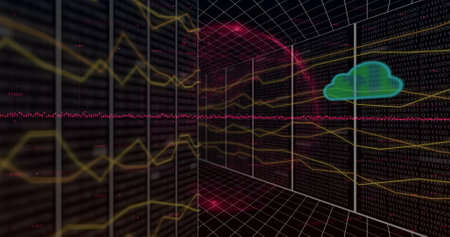Image of digital clouds and connections with globe over black background. Technology, business and...