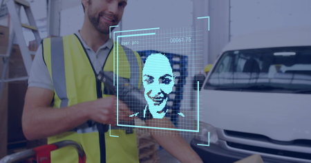 Image of biometric photo and digital data processing over diverse people working in warehouse. Global shipping, connections, computing and data processing concept digitally generated image.の写真素材