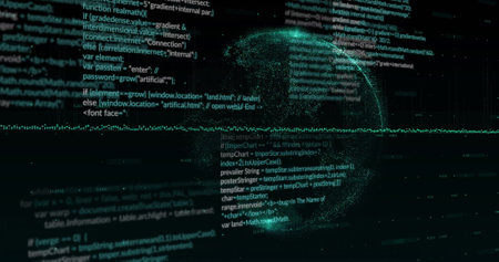 Image of data processing and diagrams over globe on black background. Technology, business and...