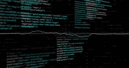 Image of data processing and diagrams over black background. Technology, business and digital...