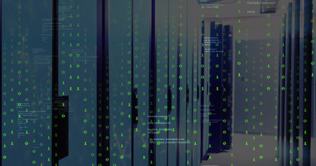 Image of data processing with binary coding over server room. Global technology and digital...