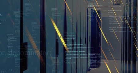 Image of data processing with falling lines over server room. Global technology and digital...