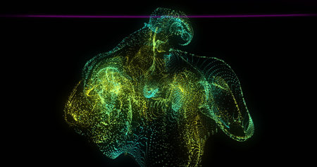 Colorful abstract image with glowing lines forming dynamic shapes on black background. illumination, futuristic, vibrant, motion, digital, graphicの写真素材