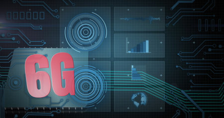 Image of 6g text, scopes scanning and data processing on screens. global network, communication,...