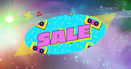 Digital image of sale text against abstract colorful and glowing particles in background. sale...
