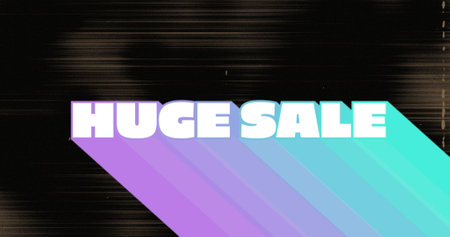 Image of retro huge sale text with rainbow shadow on flickering lines in background. vintage retail, savings and shopping concept digitally generated image.の写真素材