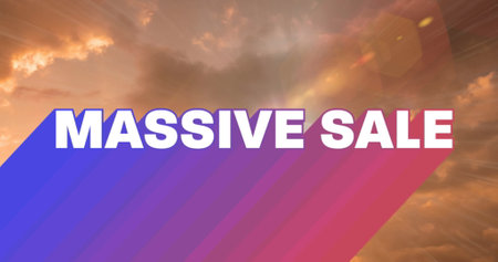 Image of retro massive sale white text with rainbow shadow over orange clouds in background. vintage retail, savings and shopping concept digitally generated image.の写真素材