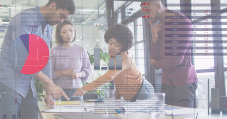 Image of data processing over diverse business people during meeting. global networks, business, data processing and digital interface concept digitally generated image.の写真素材