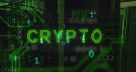 Image of crypto text and data processing over server room. Global business and digital interface concept digitally generated image.の写真素材