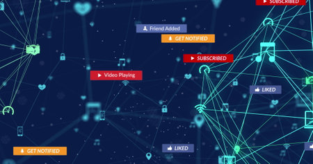 Image of social media text on banners with network of connections on blue background. global...