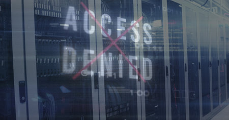 Image of acces denied text and data processing over server room. Global business and digital interface concept digitally generated image.の写真素材