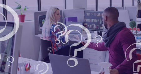 Image of question marks icons over diverse business people holding document. global networks,...