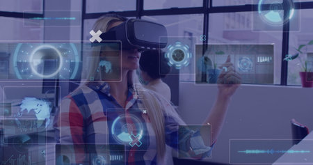Image of digital screens and data processing over caucasian woman using vr headset. global networks,...