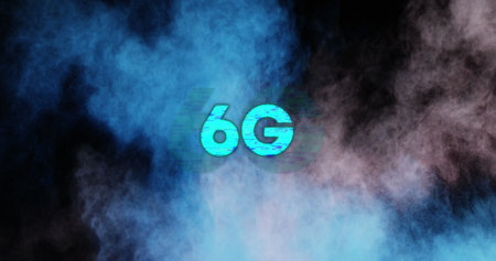Image of 6g text in blue over colourful powder being thrown in background. global network, communication, connection and technology concept digitally generated image.の写真素材