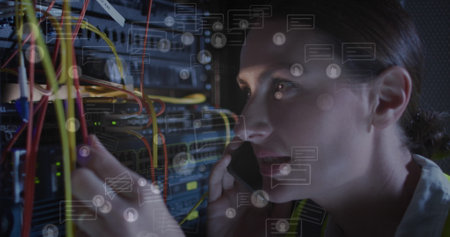 Image of network of connections and icons over caucasian female server room worker. Cloud computing...