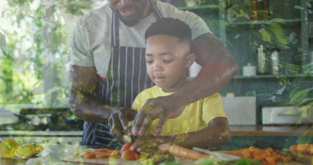 Image of leaves over happy african american father and son cooking together. family, togetherness, spending quality time concept digitally generated image.の写真素材
