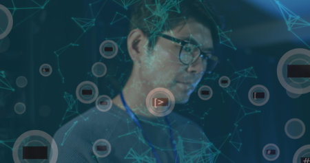 Image of falling icons and network of connections over biracial male server room worker. Cloud computing concept concept digitally generated image.の写真素材