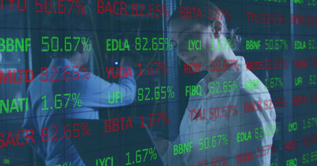 Image of data processing over caucasian female it engineer with laptop checking computer servers....