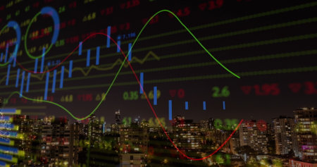 Colorful stock market graphs overlaying night cityscape. Bright lines and numbers representing...