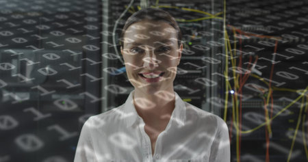 Image of binary coding over caucasian female it engineer with tablet checking computer servers. data processing, cloud computing concept and technology concept digitally generated image.の写真素材