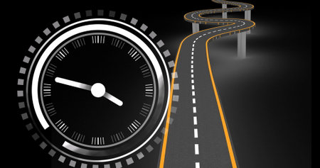 Image of clock over road on black background. transport, traffic, navigation and technology concept...