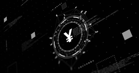 Image of network with data processing and yen signs over black background. Global finance, business, connections, computing and data processing concept digitally generated image.の写真素材