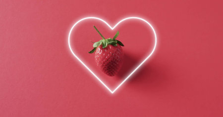 Composition of neon heart and strawberry on pink background. Fruit, vegetarian food and organic healthy produce concept.の写真素材