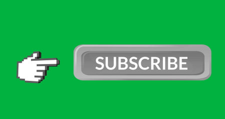 Digital image of the word SUBSCRIBE and hand icon vector on the right side pointing on it on green background. 4kの写真素材