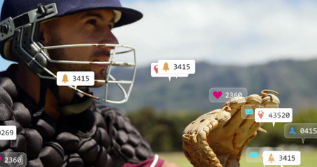 Image of digital data processing over biracial male baseball player. Global sports, social media,...