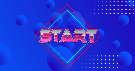 Image of start text over blue shapes on blue background. Retro, social media and digital interface...