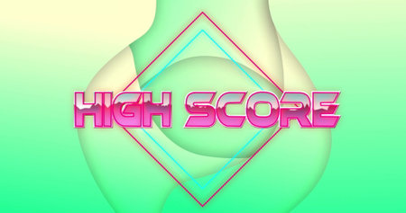 Image of high score text over green shapes. Retro, social media and digital interface concept, digitally generated image.の写真素材