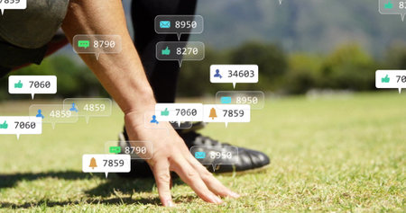 Image of digital data processing over biracial male baseball player. Global sports, social media,...