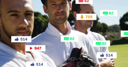Image of digital data processing over diverse cricketers on field. Global sports, social media, connections, computing and data processing concept digitally generated image.の写真素材