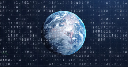 Image of stock market display with blue and green stock market tickers and graphs, price going up and down at the stock exchange, binary coding flowing on blue background. Finance business stock market growth concept digitally generated image. 4kの写真素材