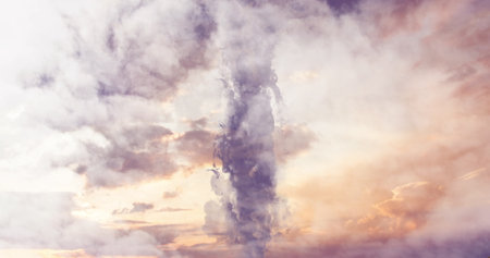 Image of Christian cross on fire flames over clouds moving in fast motion against sky in the background. Easter religion faith concept digitally generated image. 4kの写真素材